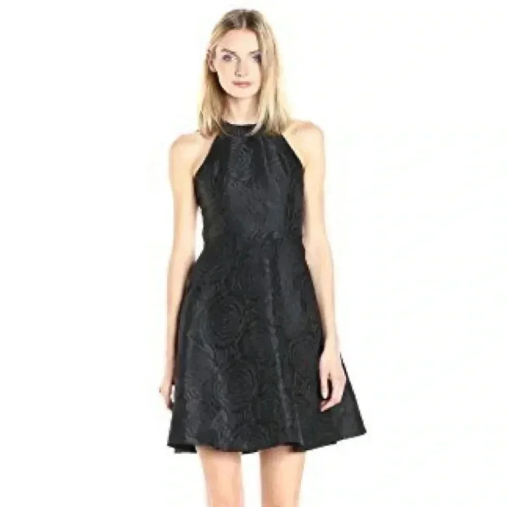CALVIN KLEIN | Women's Black Floral Jacquard Fit & Flare Halter Dress Size 12